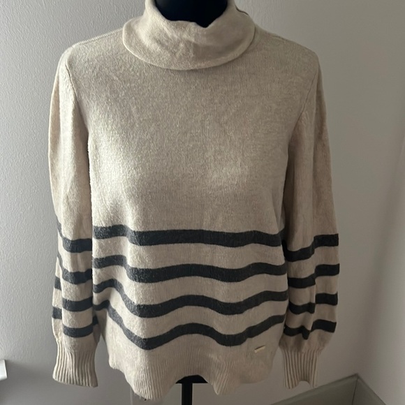 MICHAEL Michael Kors tan gray stripes turtle neck wool alpaca blend sweater M - Picture 2 of 10